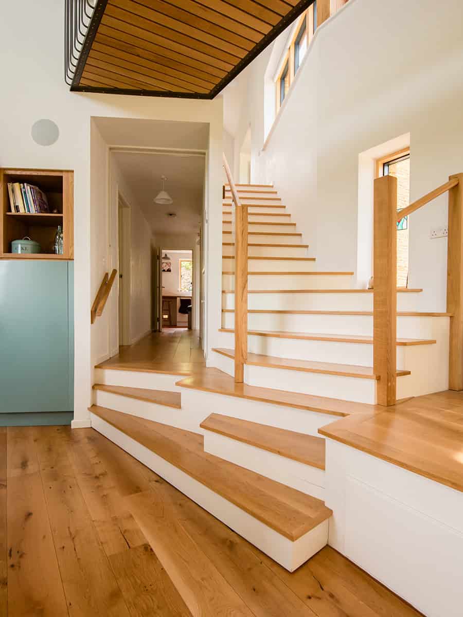 Harleywood House oak staircase with split-level steps and vaulted timber ceiling